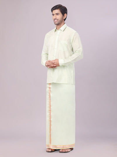 Mens Art Silk Pista Green Full Sleeves Shirt with Gold Jari Border Flexi Dhoti Combo Finesse