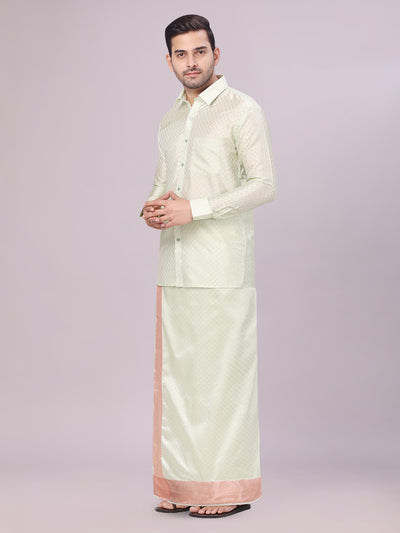 Men's Art Silk Pista Green Full Sleeves Shirt with 3 1/2" Copper Jari Border Dhoti Combo Neogen side pose