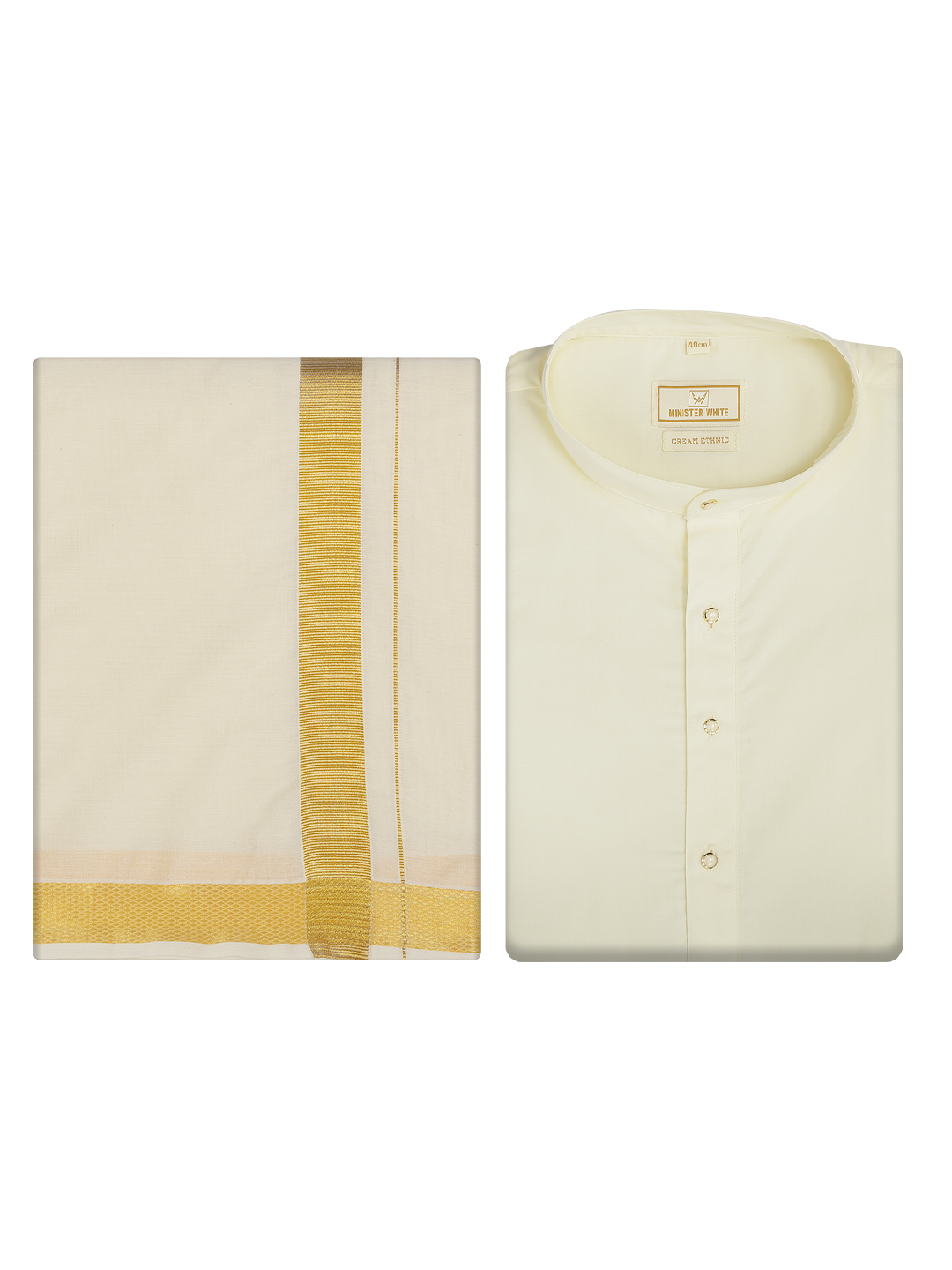 Mens Cotton Cream Kurta with 1 1/2" Gold Jari Panchakacham Angavastram Combo