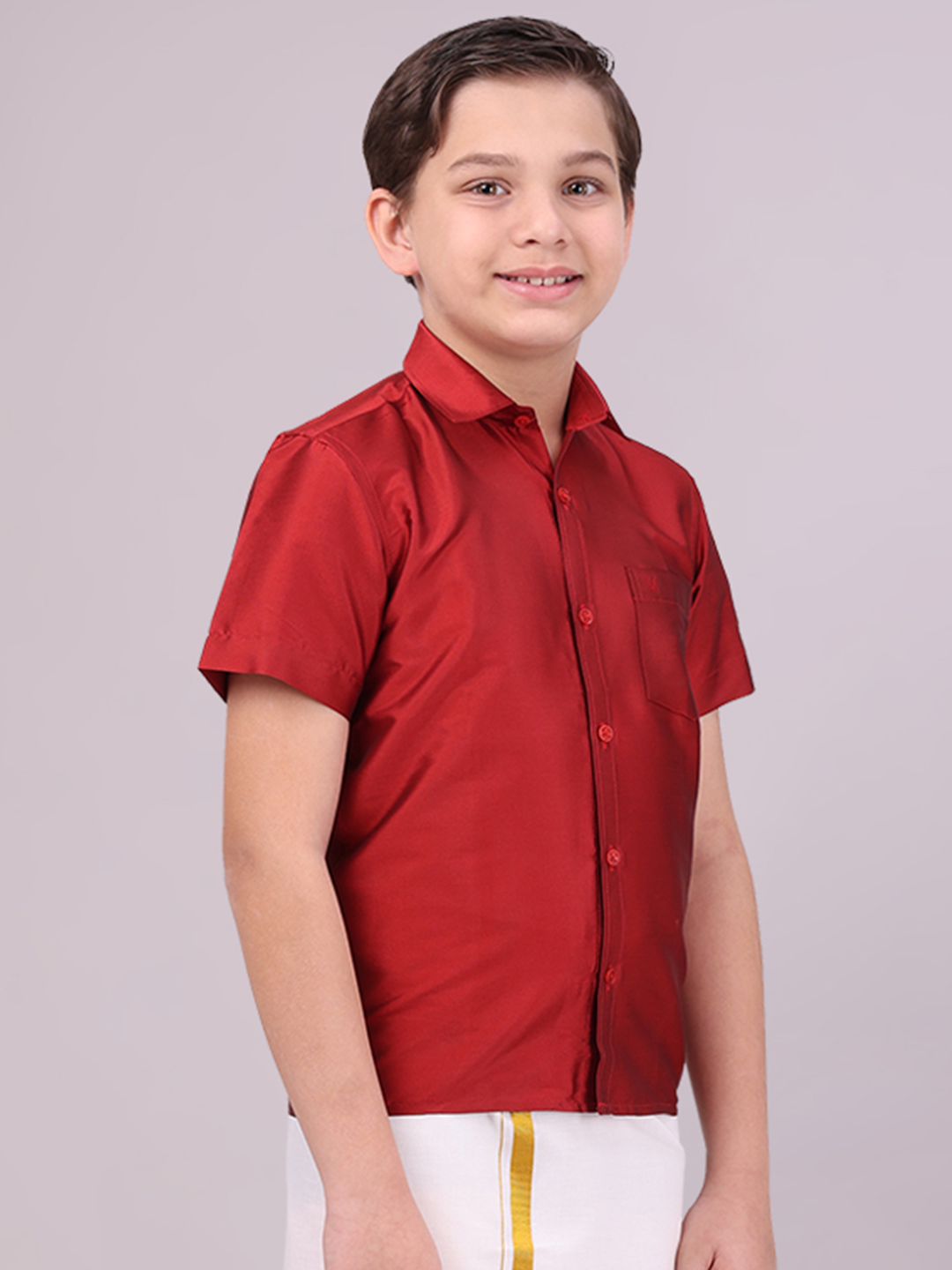 Boys Dupion Satin Rust Colour Half Sleeves Shirt side pose