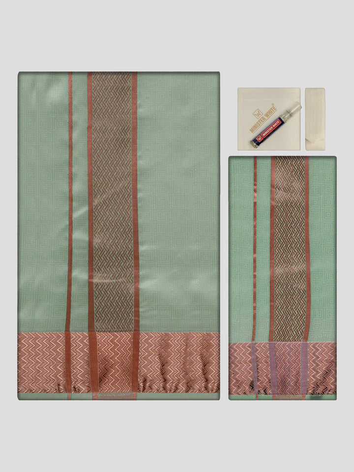 Men's Premium Art Silk Pista Shirt Bit with 2 1/2" Copper Jari Border Dhoti Towel Combo Sieger