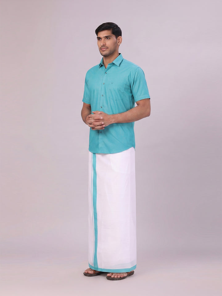 Mens Sky Green Color Shirt with Matching Border Dhoti Combo Casper