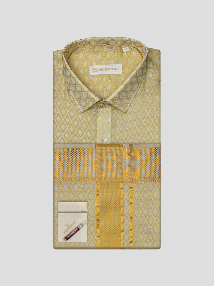 Men Art Silk Jacquard Fawn Full Sleeves Shirt with 2 1/2" Gold Jari Border & Towel Dhoti Combo Spruce