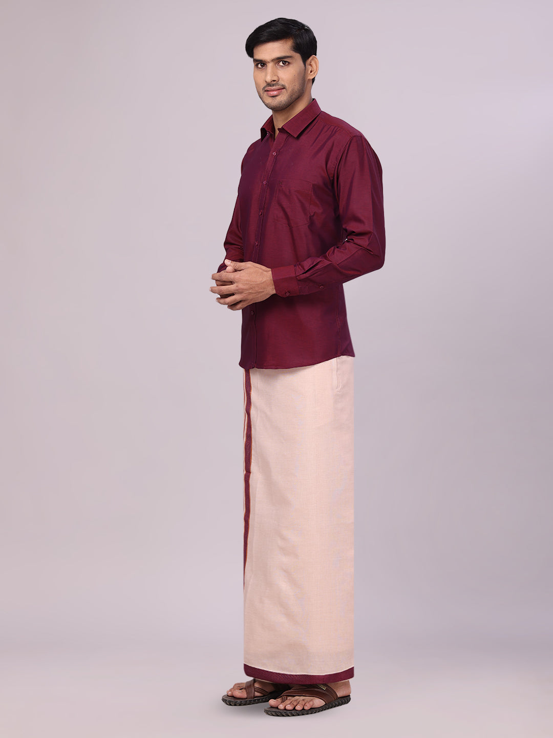 Men's Cotton Maroon Shirt with Tissue Matching Border Flexi Dhoti Wedding Combo Kandala side pose