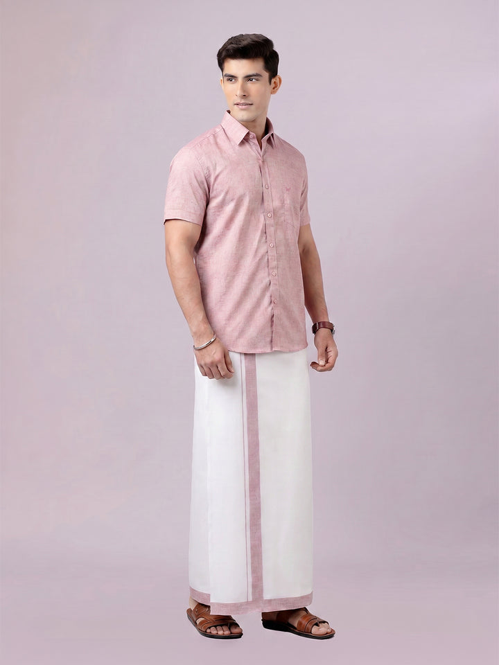 Men's Rose Color Digital Printed Shirt with Matching Printed Border Dhoti Combo Varnam