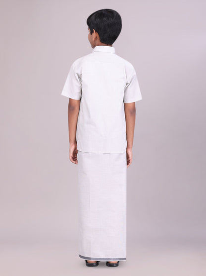 Boys Tissue Grey Colour Shirt with Dhoti Combo back pose