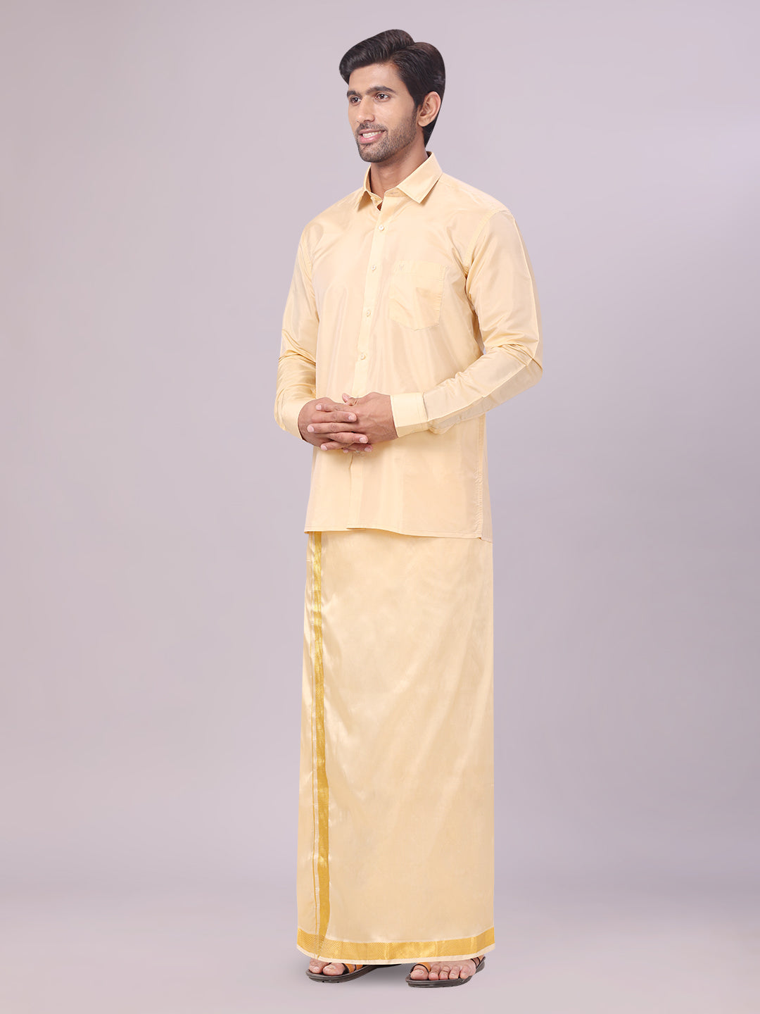 Men's Art Silk Medium Gold Full Sleeves Shirt with Gold Jari Border Dhoti Combo Finesse side pose