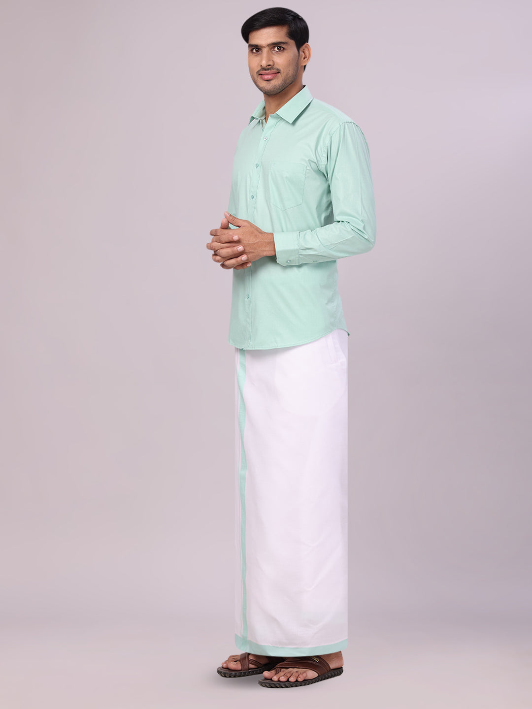 Mens Sea Green Color Shirt with Matching Border Dhoti Combo Casper