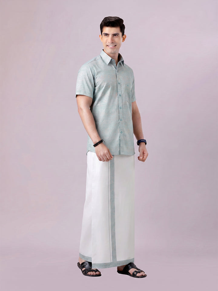 Men's Turquois Color Digital Printed Shirt with Matching Printed Border Dhoti Combo Varnam