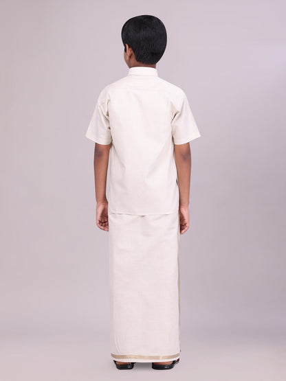 Kids Beige Color Tissue Shirt with Jari Dhoti Combo back pose