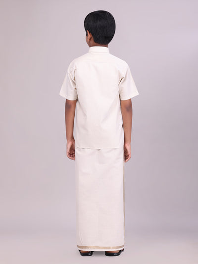 Kids Beige Color Tissue Shirt with Jari Dhoti Combo back pose