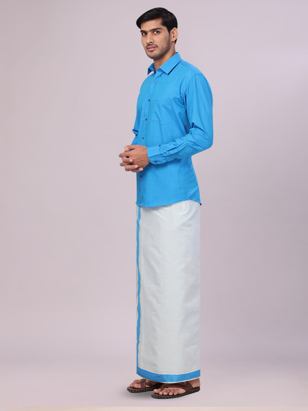 Men's Blue Color Cotton Shirt with Matching Border Tissue Dhoti Combo side pose