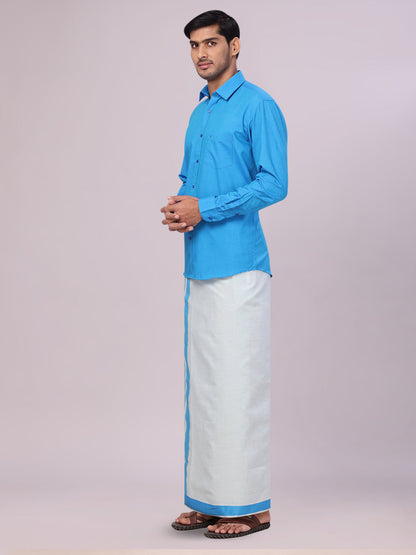 Men's Blue Color Cotton Shirt with Matching Border Tissue Dhoti Combo side pose
