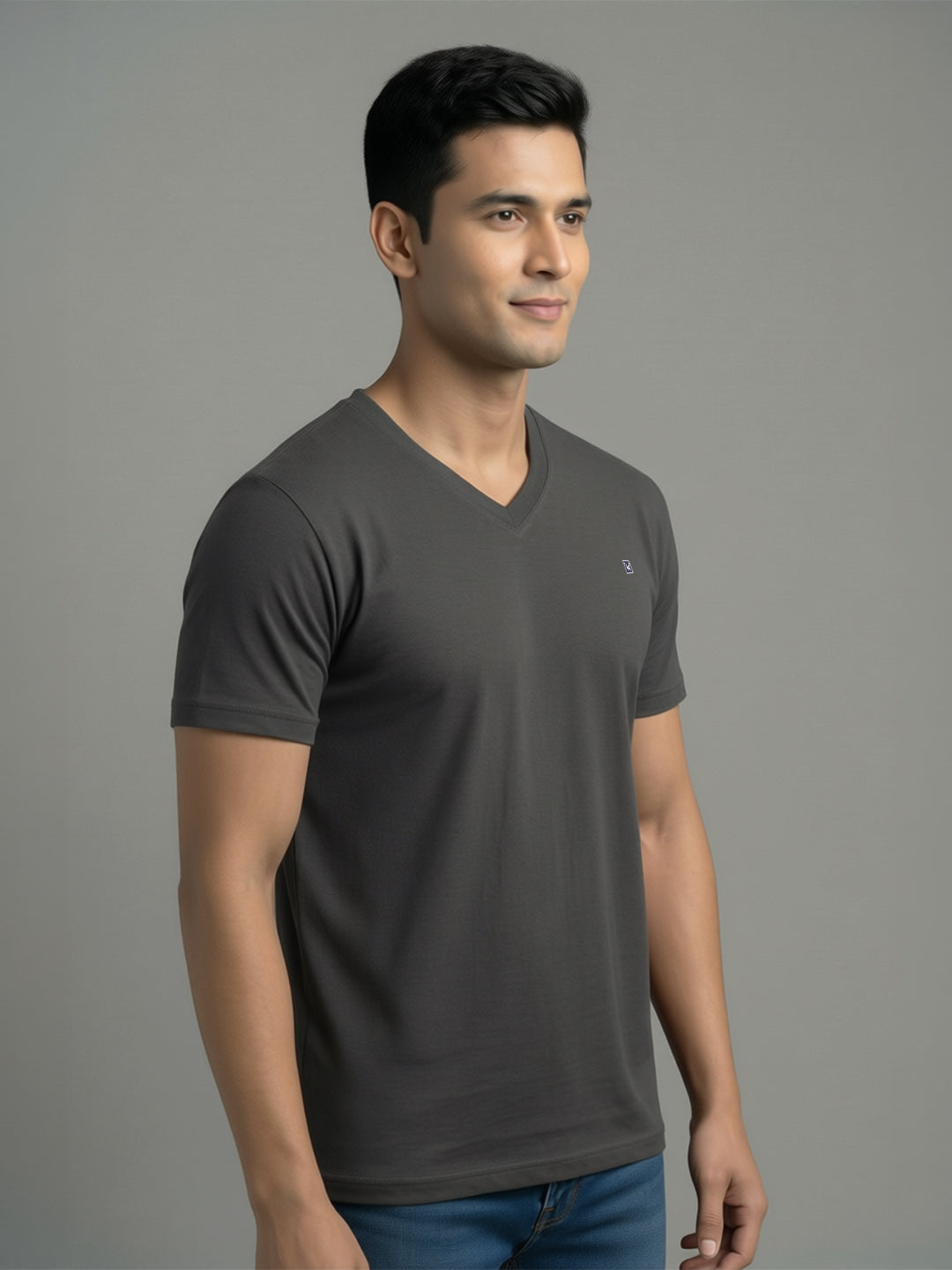 Men's Regular Fit V-Neck Dark Grey T-Shirt Caliber