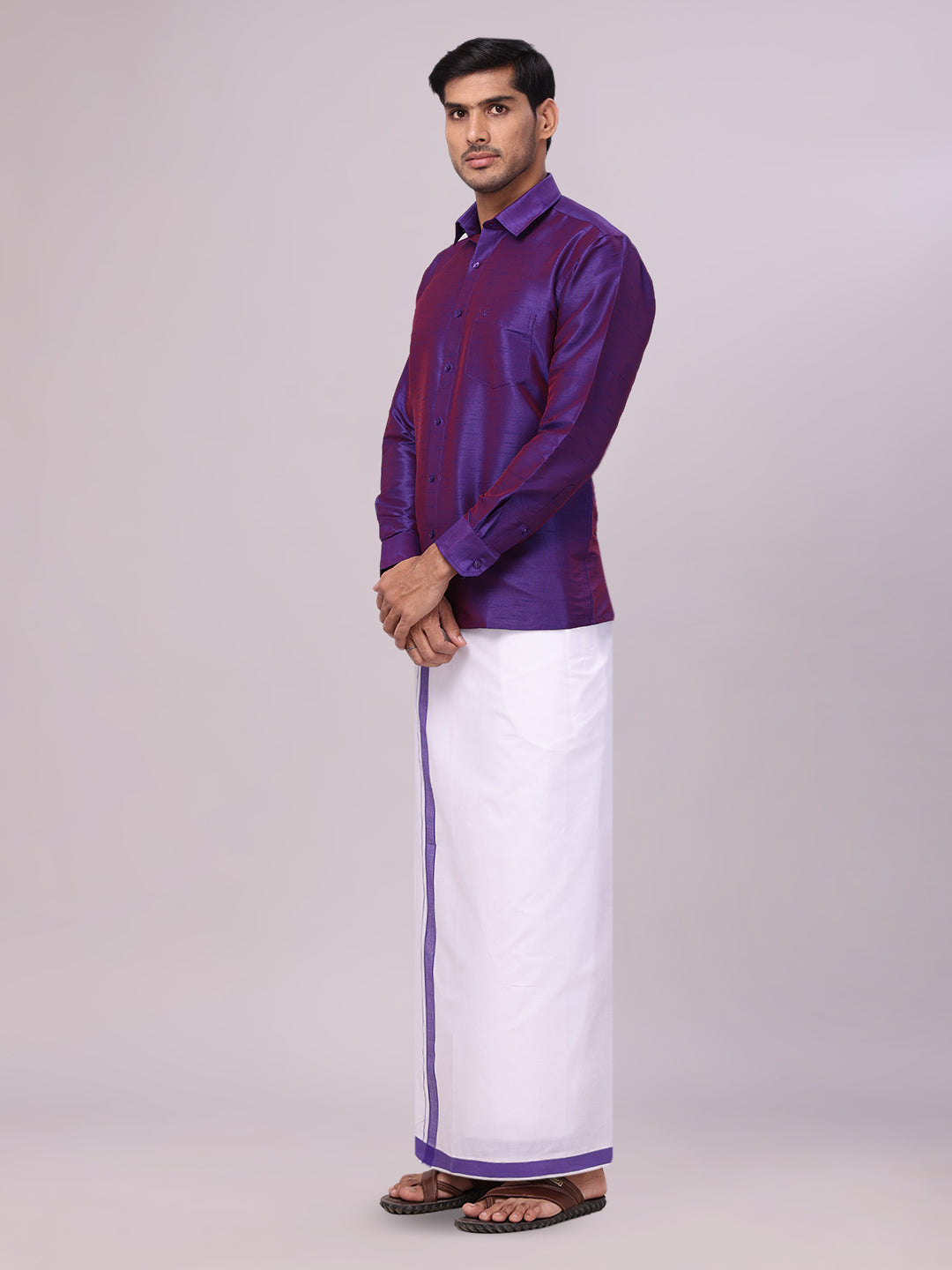 Men's Violet Dupion Satin Color Shirt with Matching Border Flexi Dhoti Combo Gora Flexi