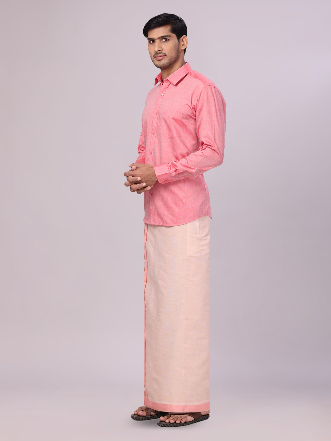 Men's Cotton Pink Shirt with Tissue Matching Border Dhoti Wedding Combo Kandala side pose