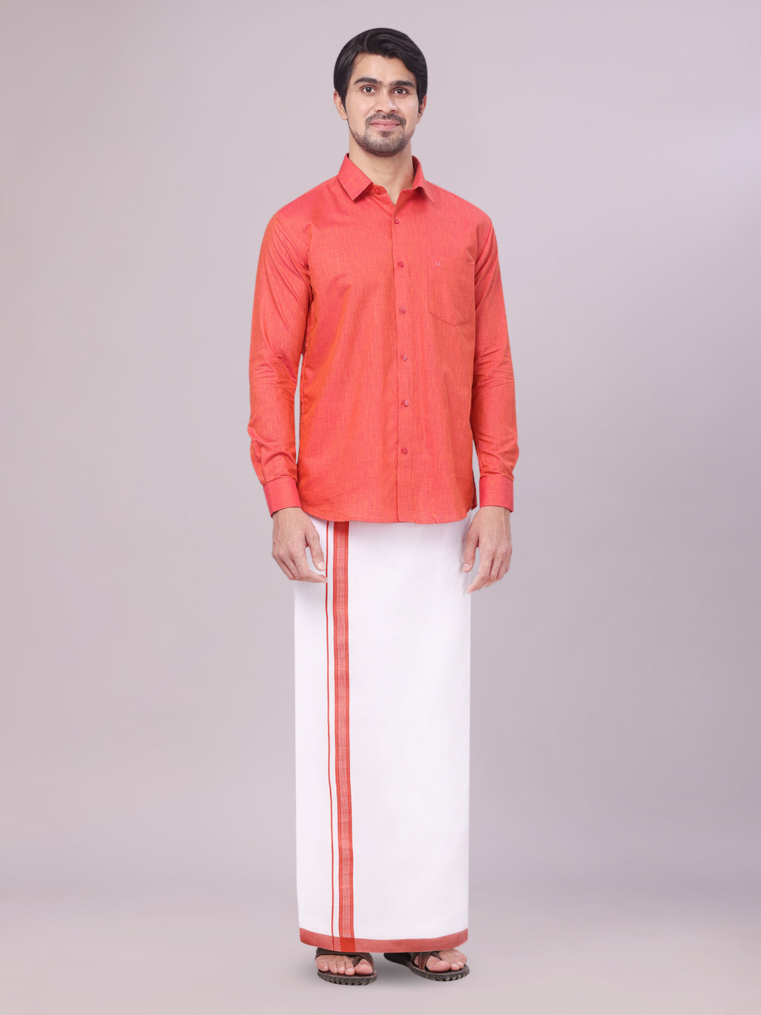 Father & Son Brick Color Cotton Shirt with Matching Border Dhoti Combo