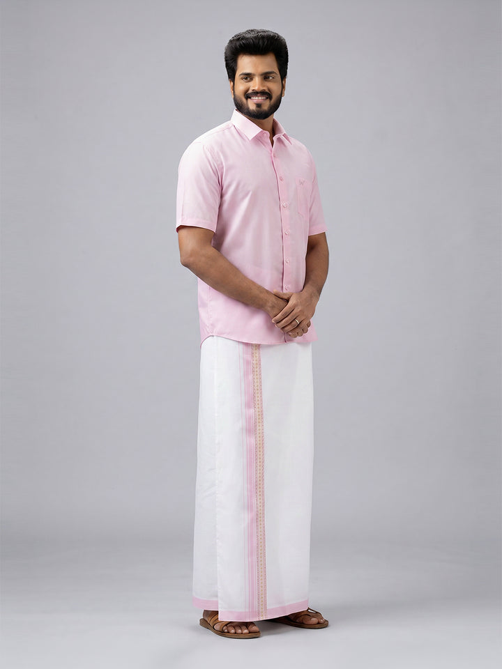 Men's Cotton Light Pink Matching Shirt with Fancy Printed Border Dhoti Combo Luster Trend