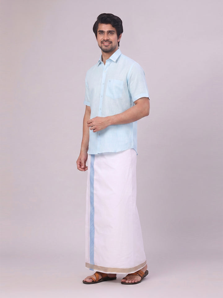 Mens Light Blue Shirt with Matching jacquard Weave Border Dhoti Combo Marsh