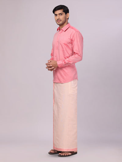 Father & Son Pink Colour Cotton Shirt with Matching Border Tissue Dhoti Combo