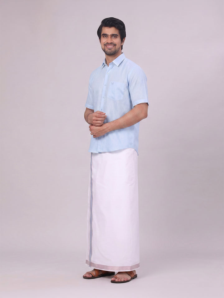Men's Sky Blue Shirt with Matching jacquard Weave Border Dhoti Combo Marsh