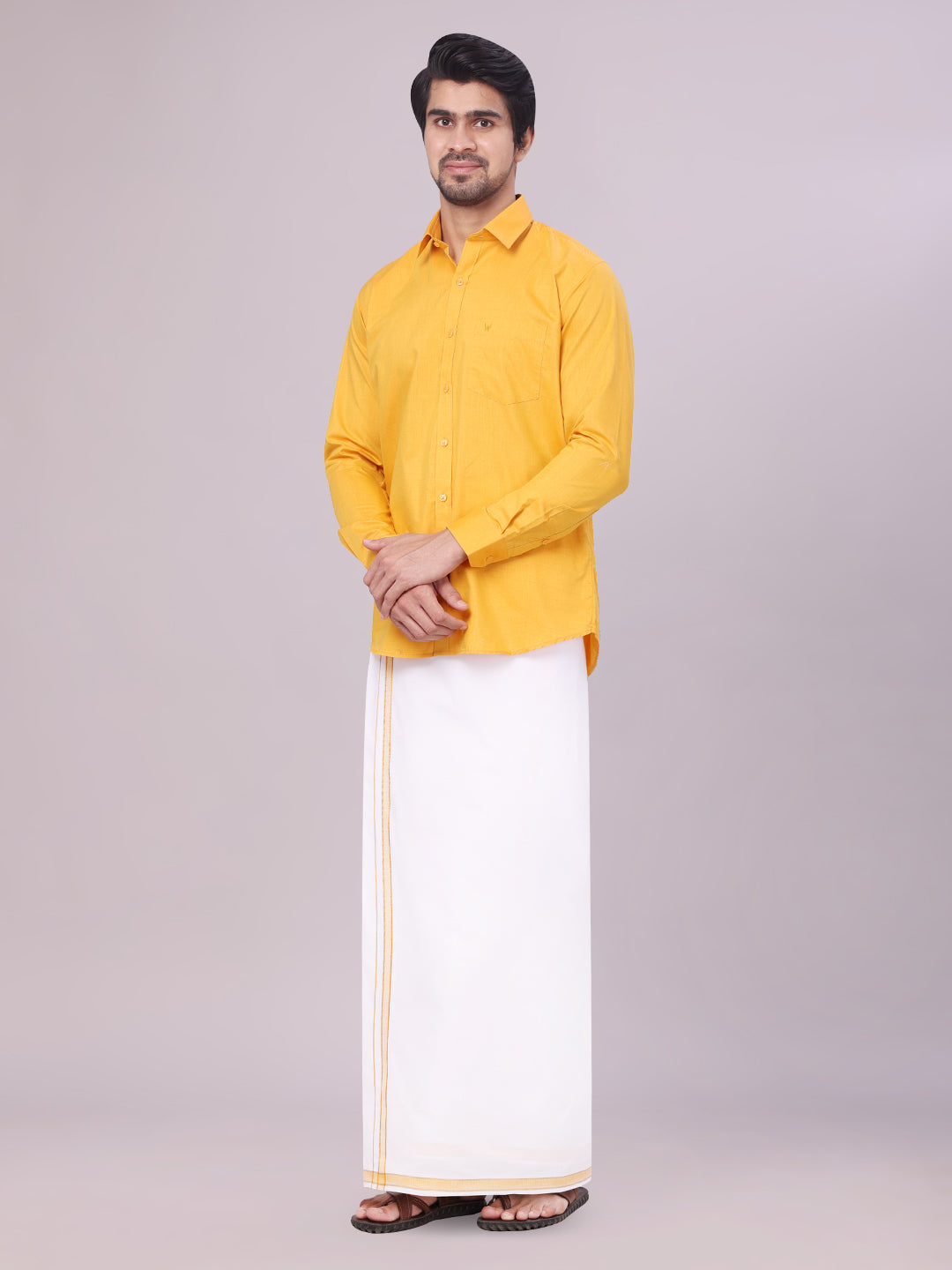 Men's Yellow Shirt with Matching Border Dhoti Combo Pinto side pose