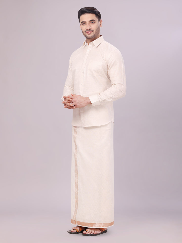 Men's Light Copper Color Jacquard Shirt with Matching Dhoti Combo Zeebra