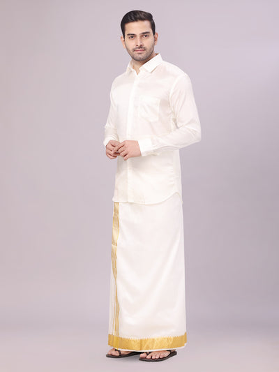 Mens Art Silk Cream Jacquard Full Sleeves Shirt with 2 1/2" Jari Border & Towel Dhoti Combo Nautica