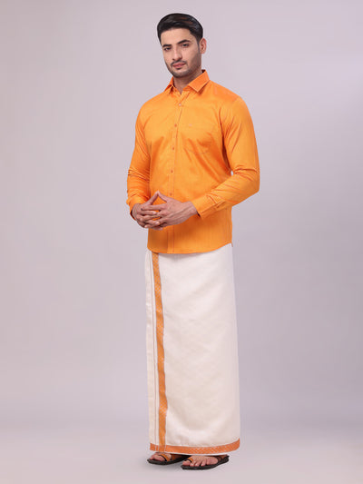 Mens Cotton Orange Shirt and Airtex Matching Border Dhoti Combo Nector