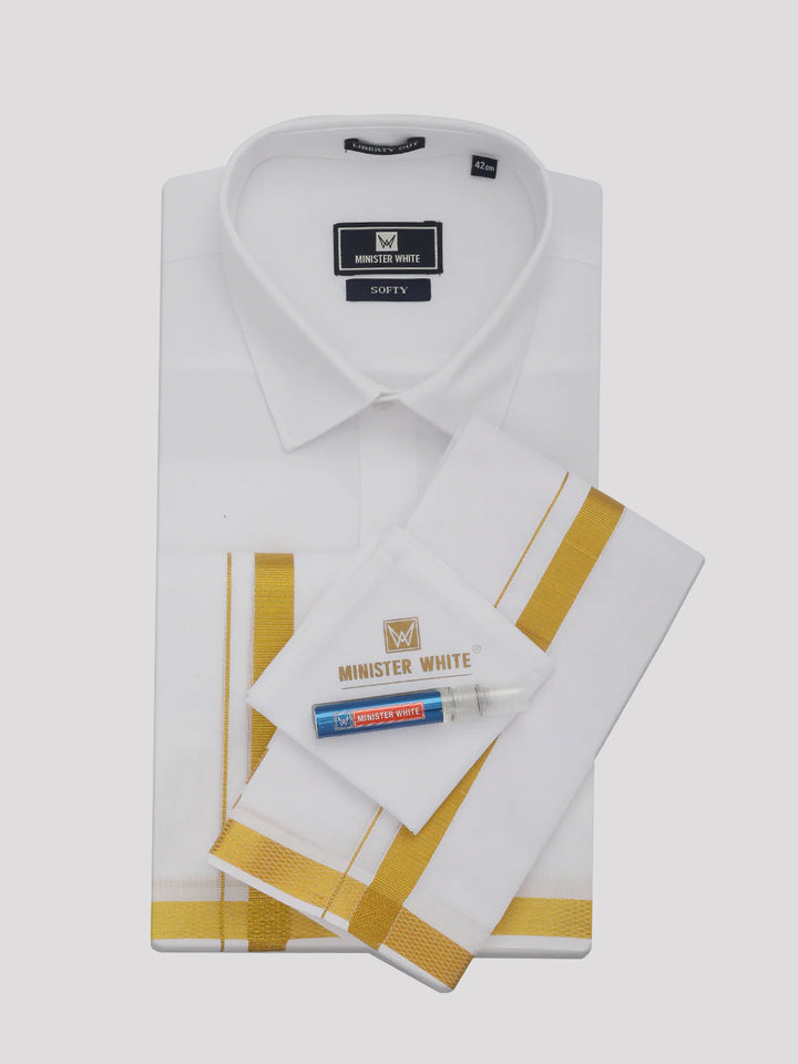Mens Pure Cotton White Wedding Shirt Gold Jari Dhoti Towel Combo - Santham White