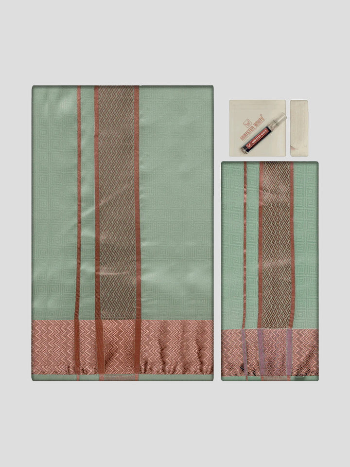 Men's Art Silk Pista Green Jacquard Full Sleeves Shirt with 2 1/2" Copper Jari Border & Towel Dhoti Combo Nautica