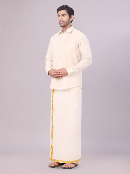 Men's Gold Color Tissue Shirt with Jari Dhoti Combo side pose