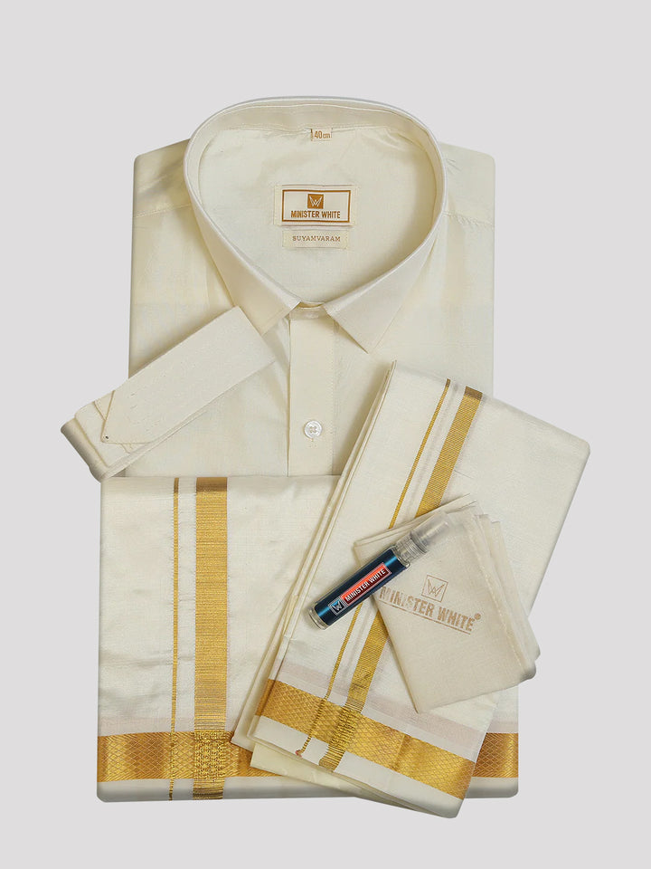 Men's Pure Silk Wedding Cream Shirt, Dhoti, Nerial with Belt Combo - Nesam 50K