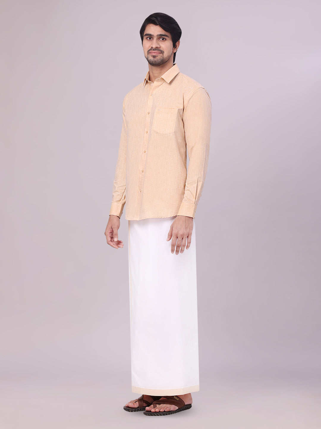 Sandal Colour Cotton Shirt with Matching Border Dhoti Combo for men side pose