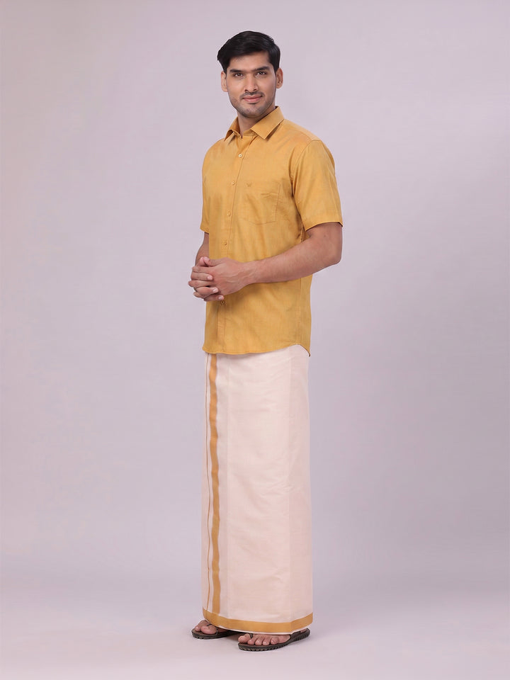 Mens Cotton Mustard Shirt with Tissue Matching Border Dhoti Wedding Combo Kandala