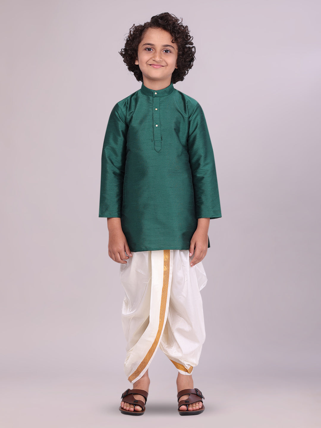 Boys Green Colour Kurtha with Gold Jari Panchakacham Combo Chitrang