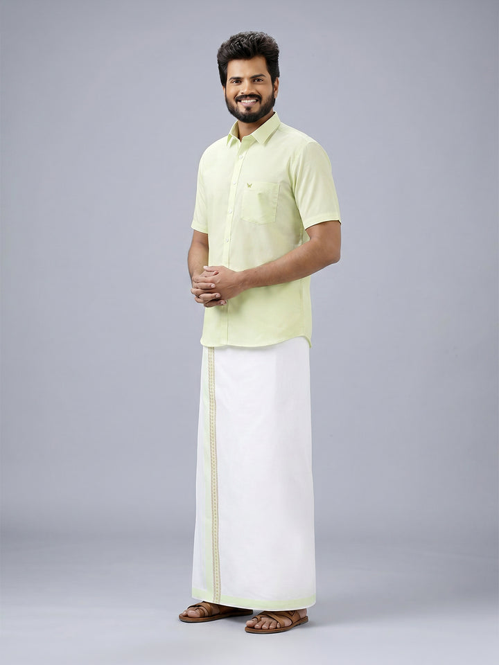 Men's Cotton Light Green Matching Shirt with Fancy Printed Border Dhoti Combo Luster Trend