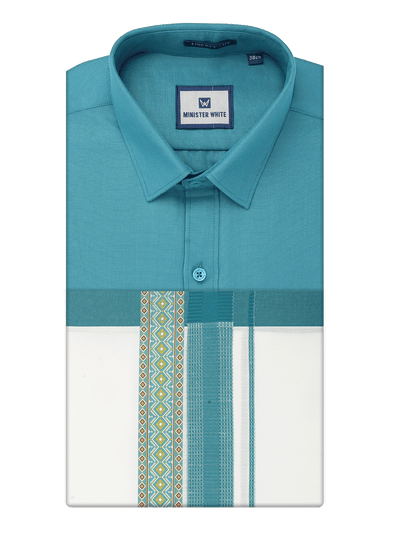 Men's Cotton Green Matching Shirt with Fancy Printed Border Dhoti Combo Luster Trend