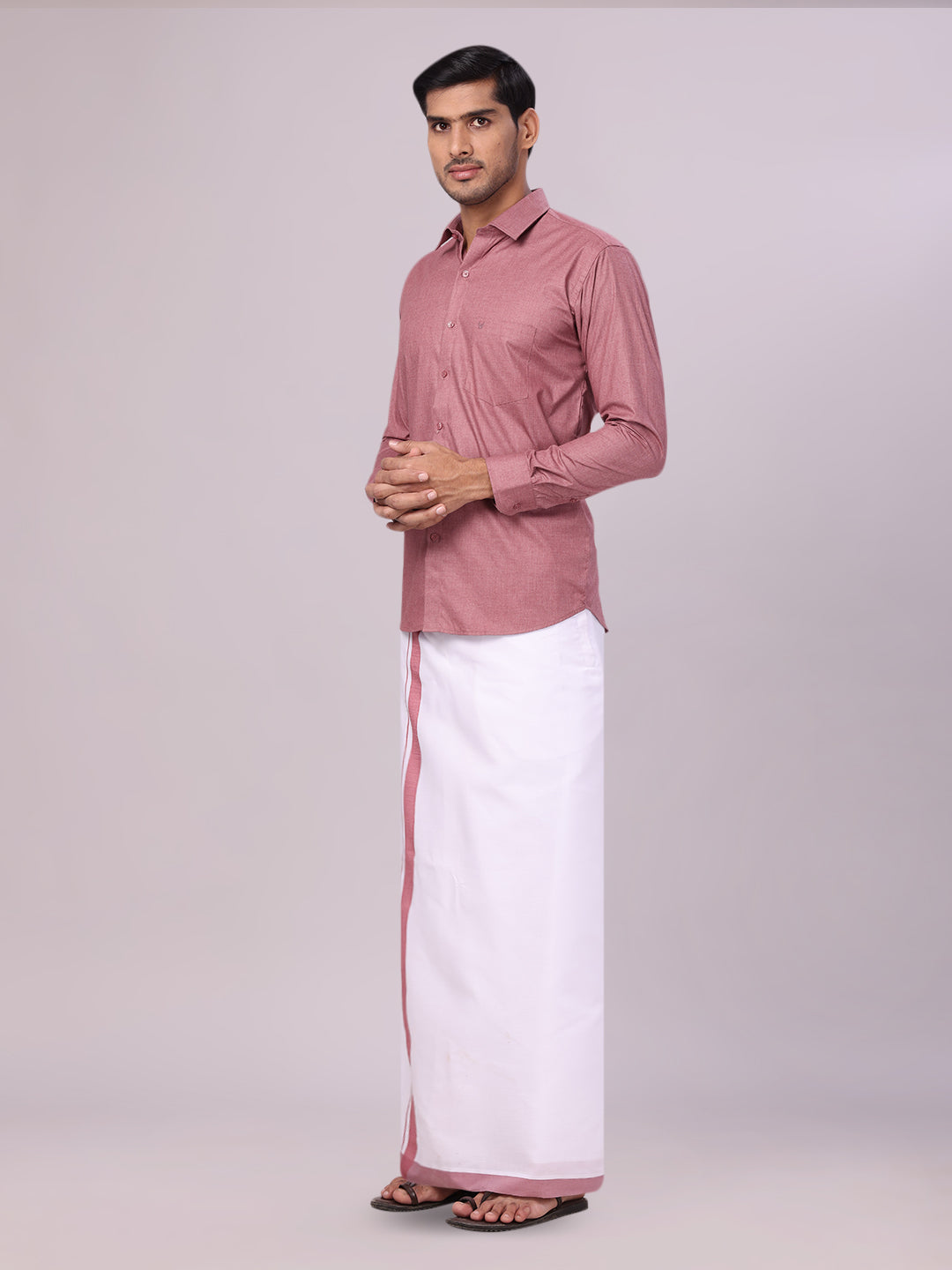 Men's Light Maroon Shirt with Matching Border Flexi Dhoti Combo Casper Flexi side pose