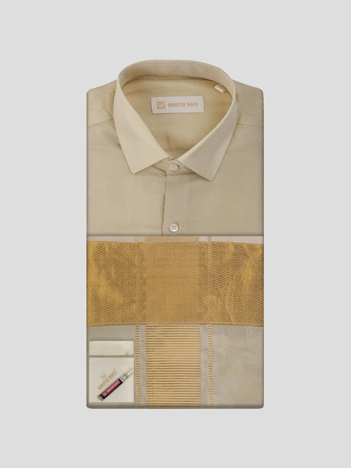 Men's Art Silk Medium Gold Jacquard Full Sleeves Shirt with 4" Gold Jari Border & Towel Dhoti Combo Mangal