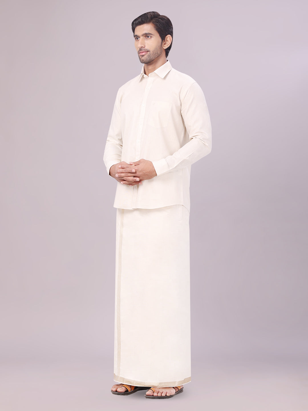 Men's Tissue Beige Colour Dhoti Shirt Wedding Combo Maverick side pose