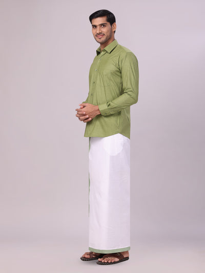 Men's Light Green Shirt with Matching Border Flexi Dhoti Combo Casper Flexi side pose