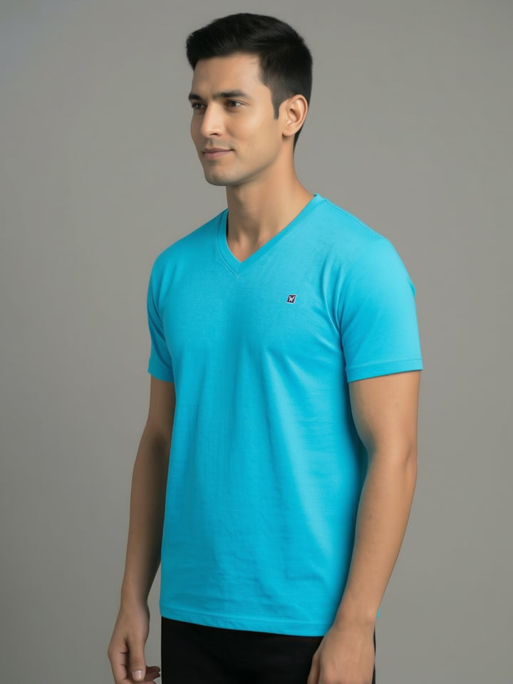 Men's Aqua Regular Fit V-Neck T-Shirt Caliber