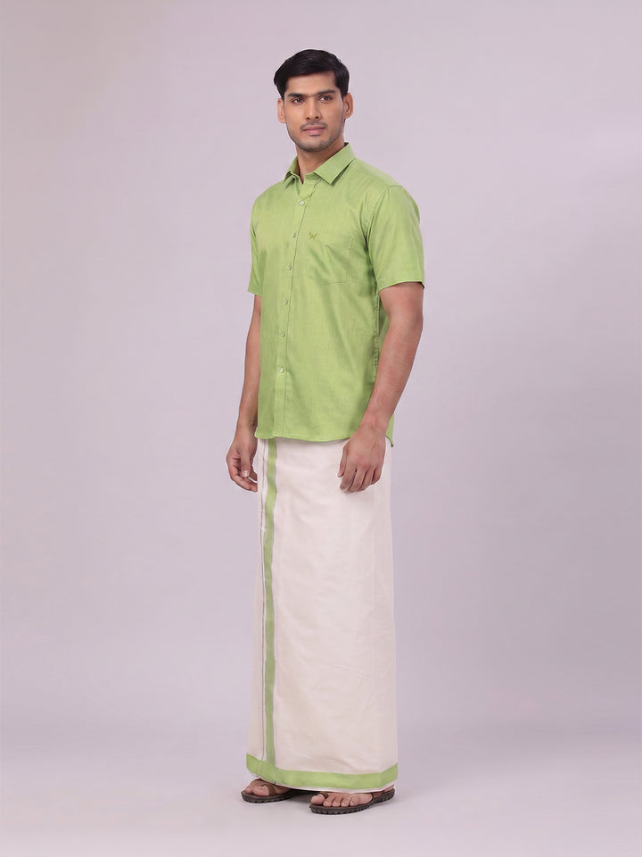 Mens Cotton Light Green Shirt with Tissue Matching Border Dhoti Wedding Combo Kandala