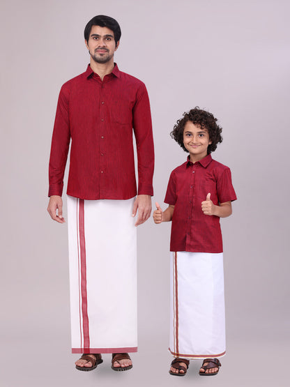 Father & Son Maroon Color Cotton Shirt with Matching Border Dhoti Combo
