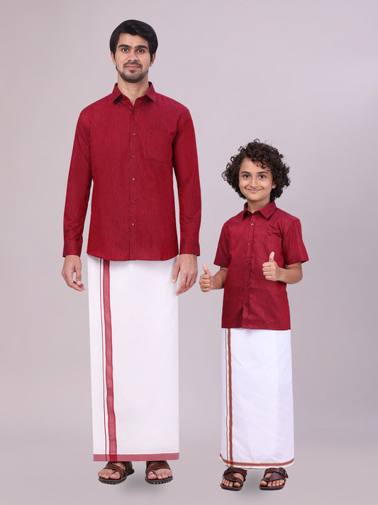 Father & Son Maroon Color Cotton Shirt with Matching Border Dhoti Combo