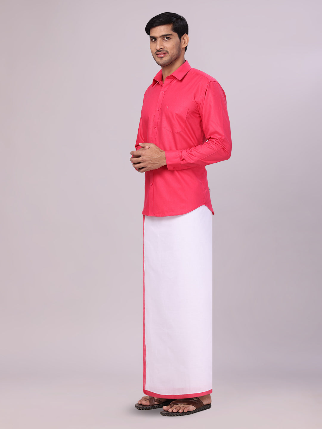 Men's Cotton Pink Matching Shirt and Dhoti Combo Luster side pose