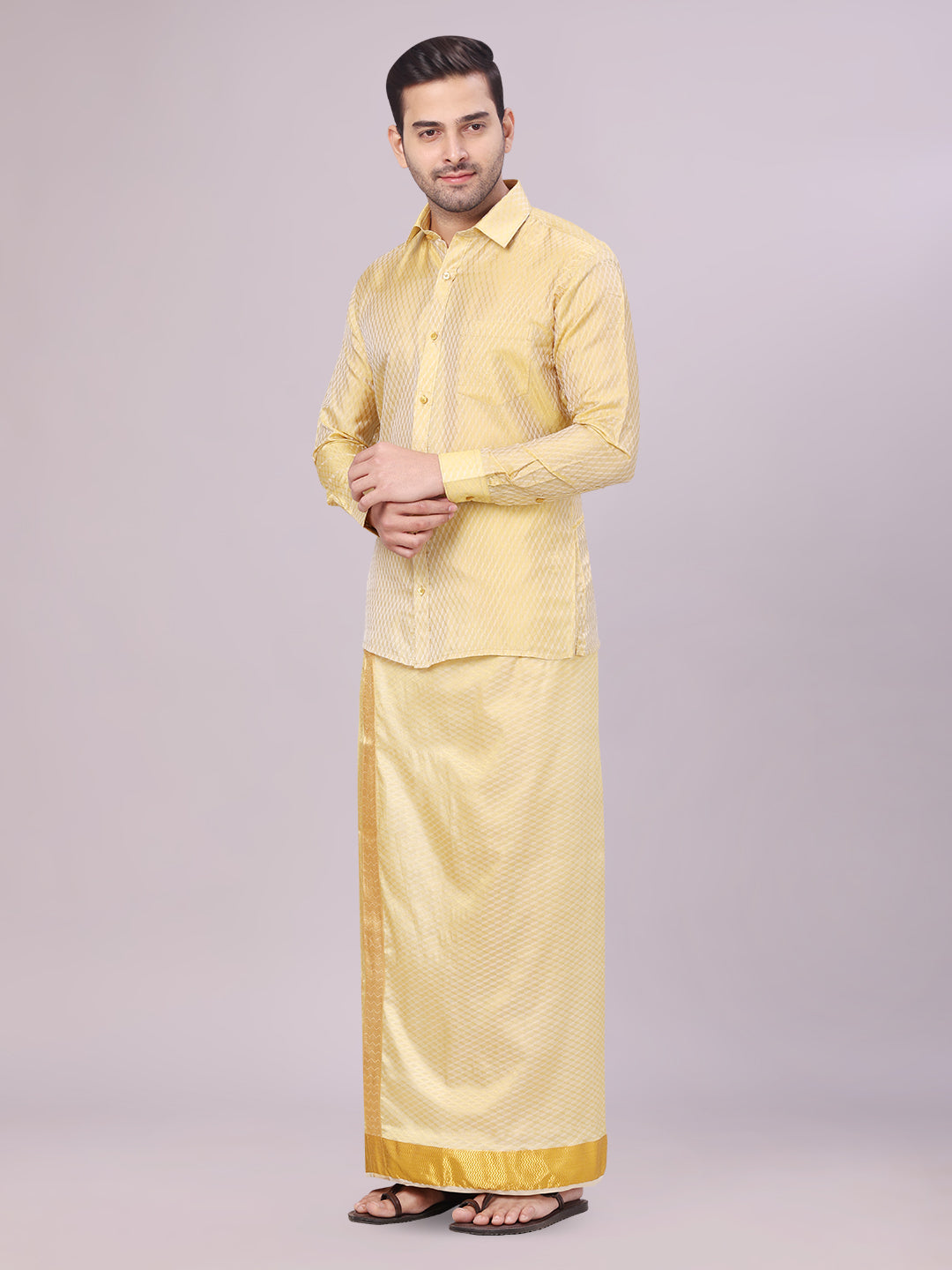 Men's Art Silk Mango Gold Full Sleeves Shirt with 2 1/2" Gold Jari Border Dhoti Combo Neogen side pose