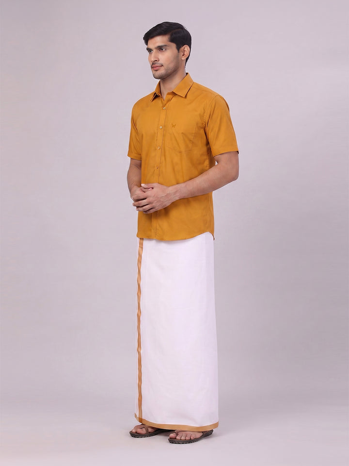Mens Cotton Golden Yellow Matching Shirt and Dhoti Combo Luster
