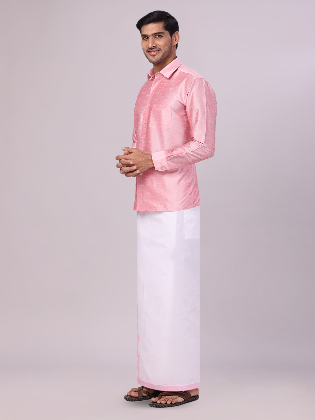 Men's Light Pink Dupion Satin Shirt with Matching Border Flexi Dhoti Combo Gora Flexi side pose